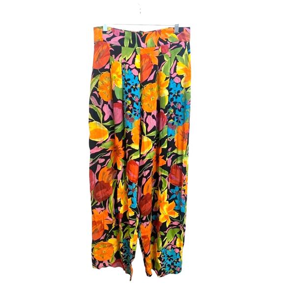 Cache' sz 14 Vintage Wide Leg High Rise Pleated Floral Pants Made in USA Rayon - Picture 1 of 8